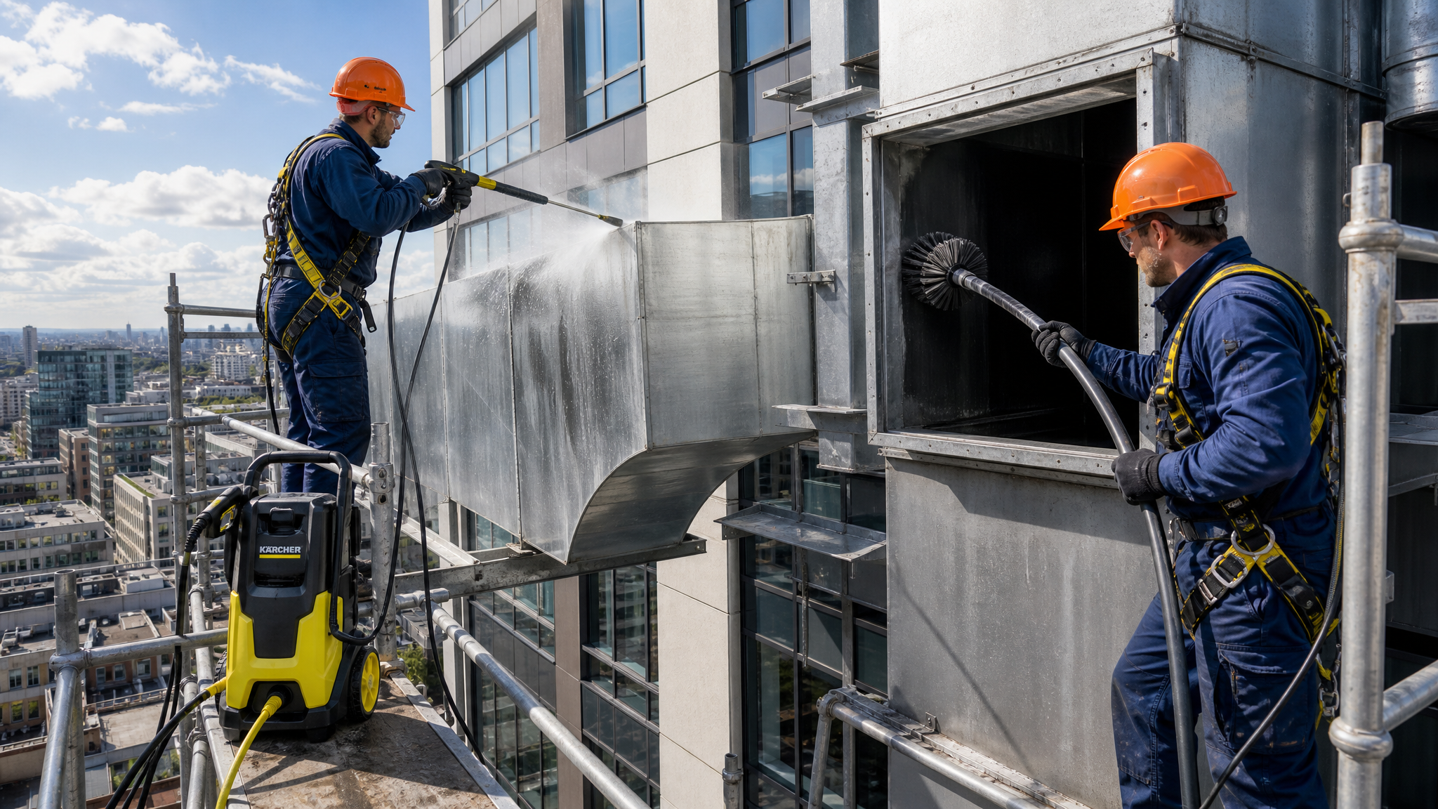 Специалист CleanProAstana в спецодежде чистит вентиляционную систему профессиональным оборудованием